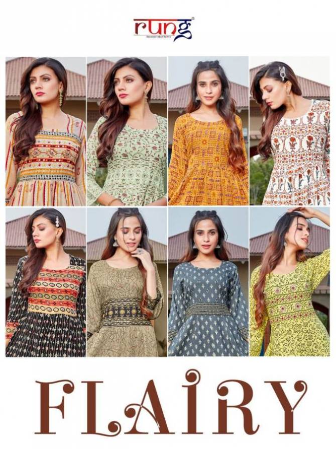 Rung Flairy Ethnic Wear Heavy Rayon Printed Designer Kurti Collection
